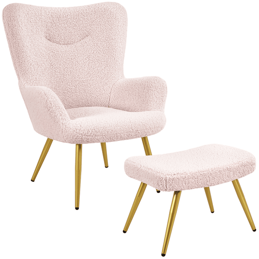 Easyfashion Boucle Accent Chair and Ottoman Set with Golden Metal Legs for Living Room, Pink