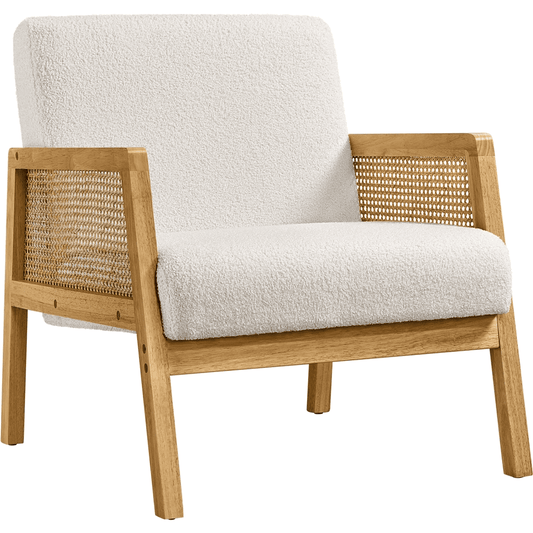 Easyfashion Fabric Upholstered Accent Chair with Rattan Sides,Ivory
