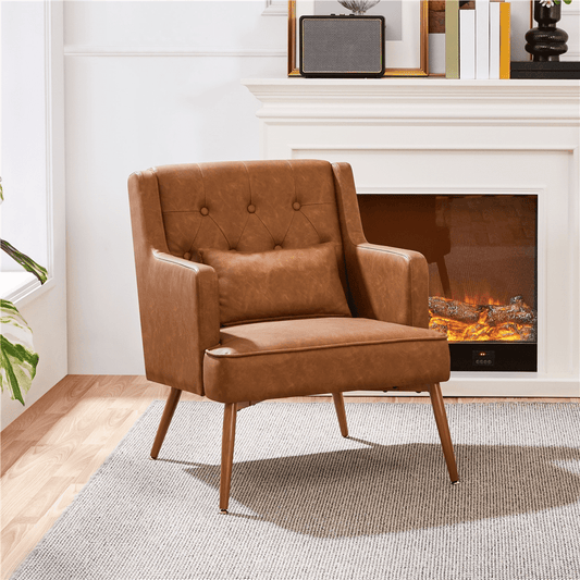 Easyfashion Modern Button-Tufted Faux Leather Accent Chair,Retro Brown
