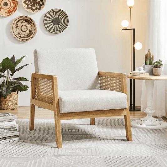 Easyfashion Upholstered Accent Chair with Rattan Sides for Living Rooms,Beige