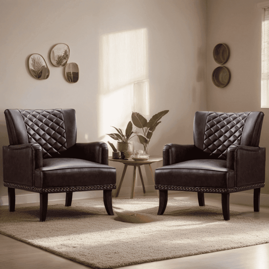 Ebello 28.7' Wide Classic Retro Leather Argyle Pattern Nailhead Trim Adult Wingback Chair,Brown(Set of 2)