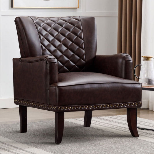 Ebello 28.7' Wide Classic Retro Leather Argyle Pattern Nailhead Trim Adult Wingback Chair, Brown