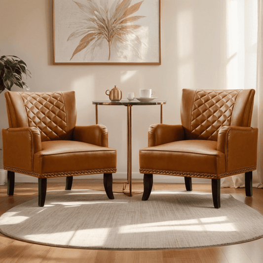 Ebello 28.7' Wide Classic Retro Leather Argyle Pattern Nailhead Trim Adult Wingback Chair,Orange(Set of 2)