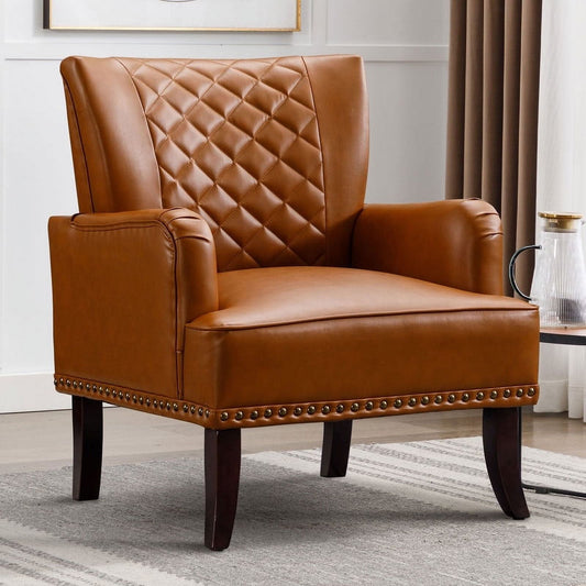 Ebello 28.7' Wide Classic Retro Leather Argyle Pattern Nailhead Trim Adult Wingback Chair, Orange