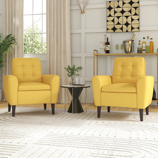 Ebello 29.5' Wide Adult Contemporary Cotton Blend Solid Color Tufted Club Accent Chair with Solid Wood Leg, Yellow(Set of 2)