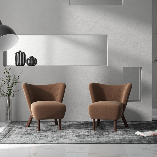 Ebello 34' Wide Adult Teddy Solid Color Tufted Wingback Chair with Solid Wood Leg, Brown (Set of 2)