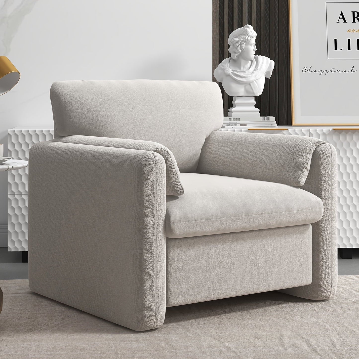Ebello 38' Wide Adult Chenille Fabric Solid Color Track Arm Chair and a Half with Plush Cozy, Beige