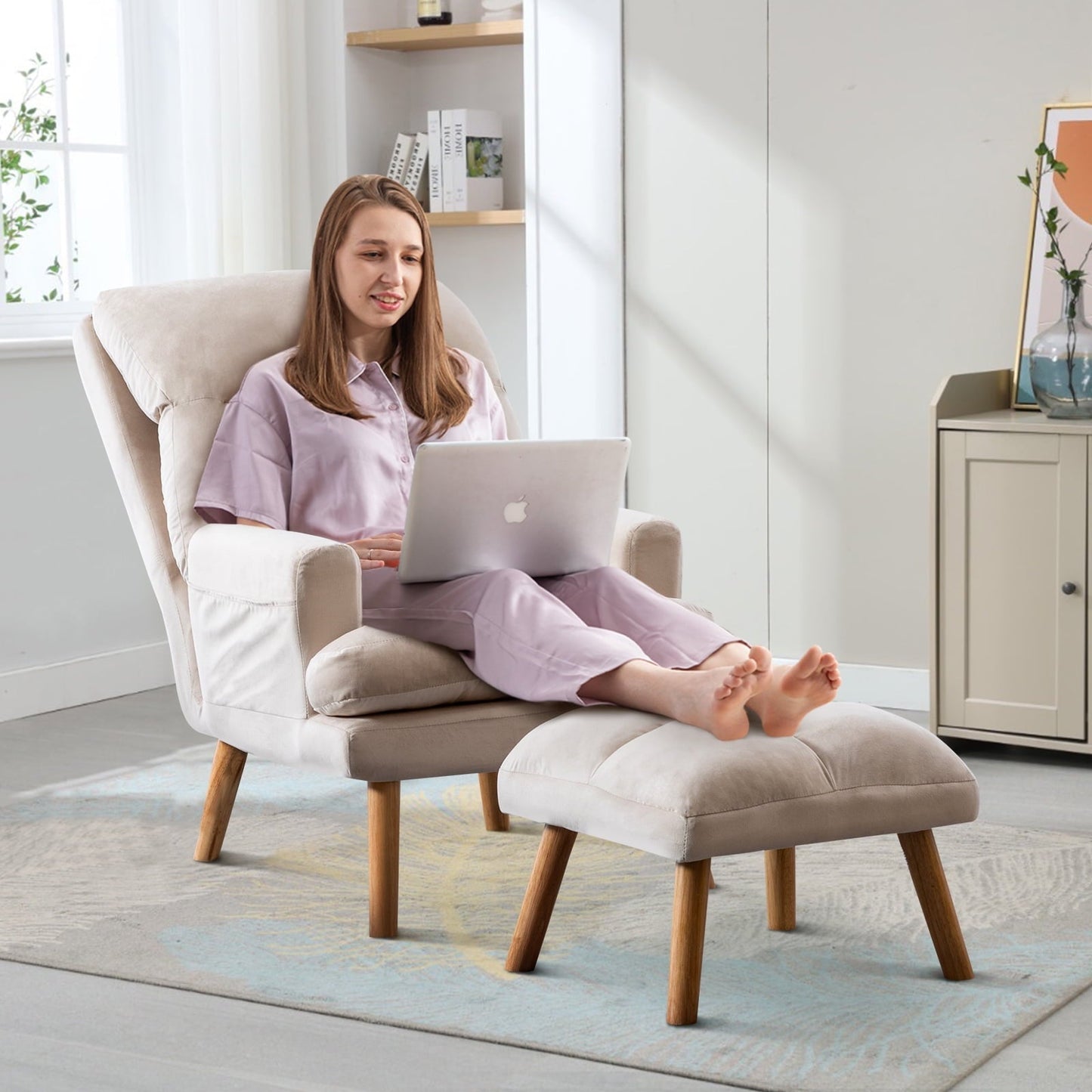 Ebello Accent Chair with Ottoman, Adjustable Backrest Seat,Velvet Fabric Chair for All Age,Beige