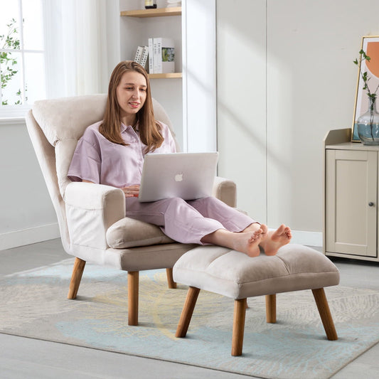 Ebello Accent Chair with Ottoman, Adjustable Backrest Seat,Velvet Fabric Chair for All Age,Beige
