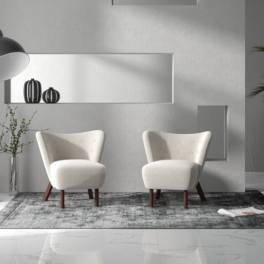 Ebello 34' Wide Adult Modern Teddy Solid Color Tufted Wingback Chair with Solid Wood Leg, Beige (Set of 2)