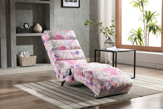 Electric Massage Chaise Lounge, Linen Indoor Lounger with Remote Control and Side Pocket, Ergonomic Indoor Royal Chair for Office, Living Room, Bedrooom, Pink Flower