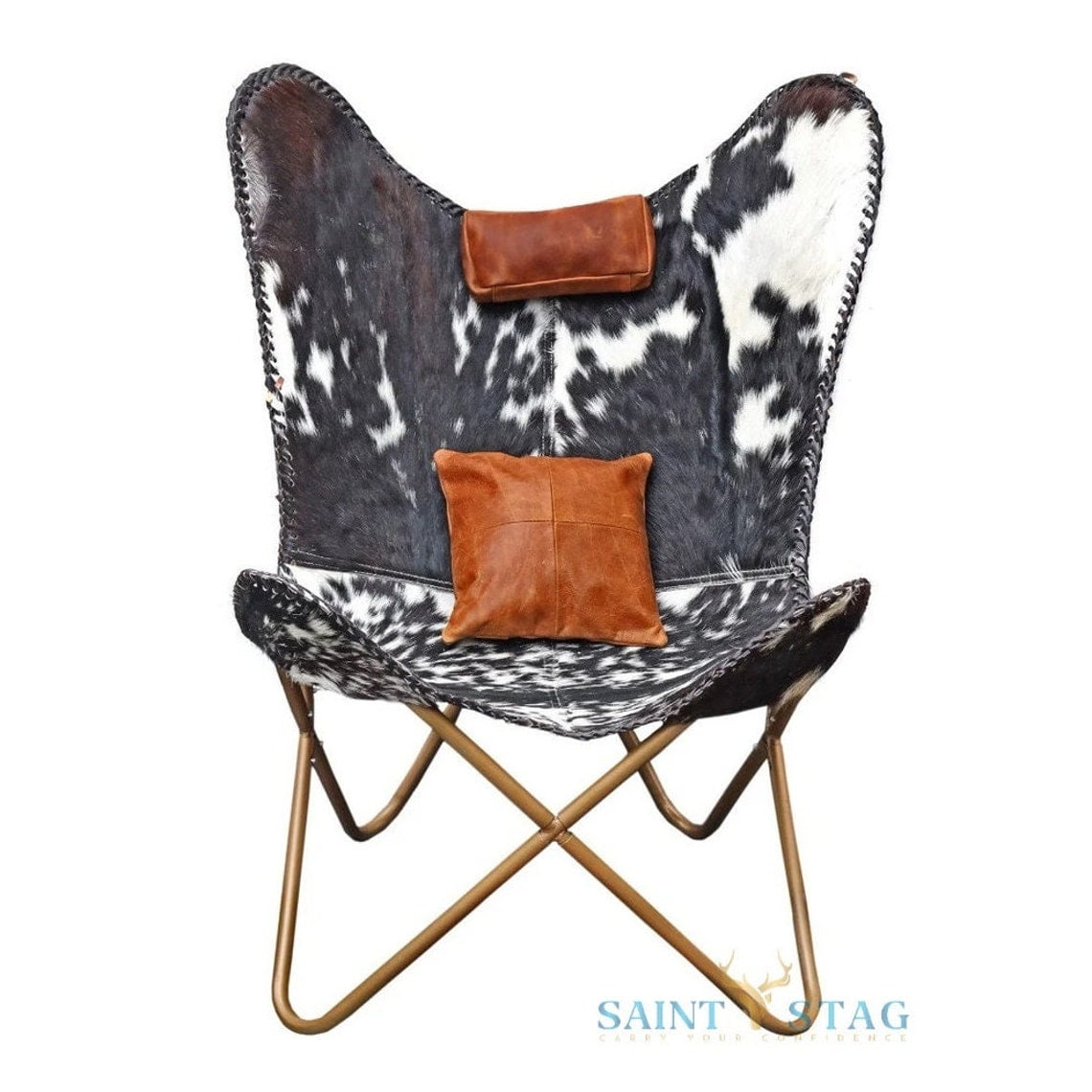 Elegant White & Black Hair-on Leather Butterfly Chair with Golden Stand for Your Stylish Space