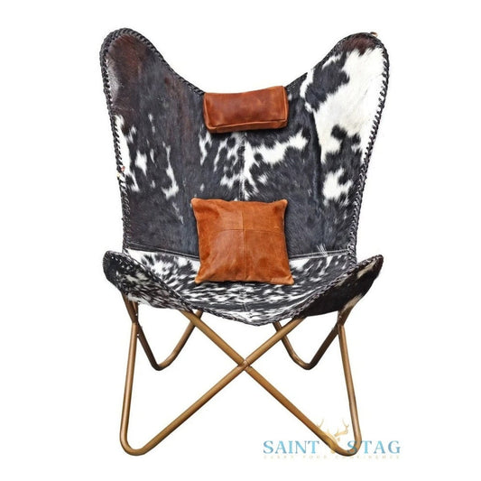 Elegant White & Black Hair-on Leather Butterfly Chair with Golden Stand for Your Stylish Space