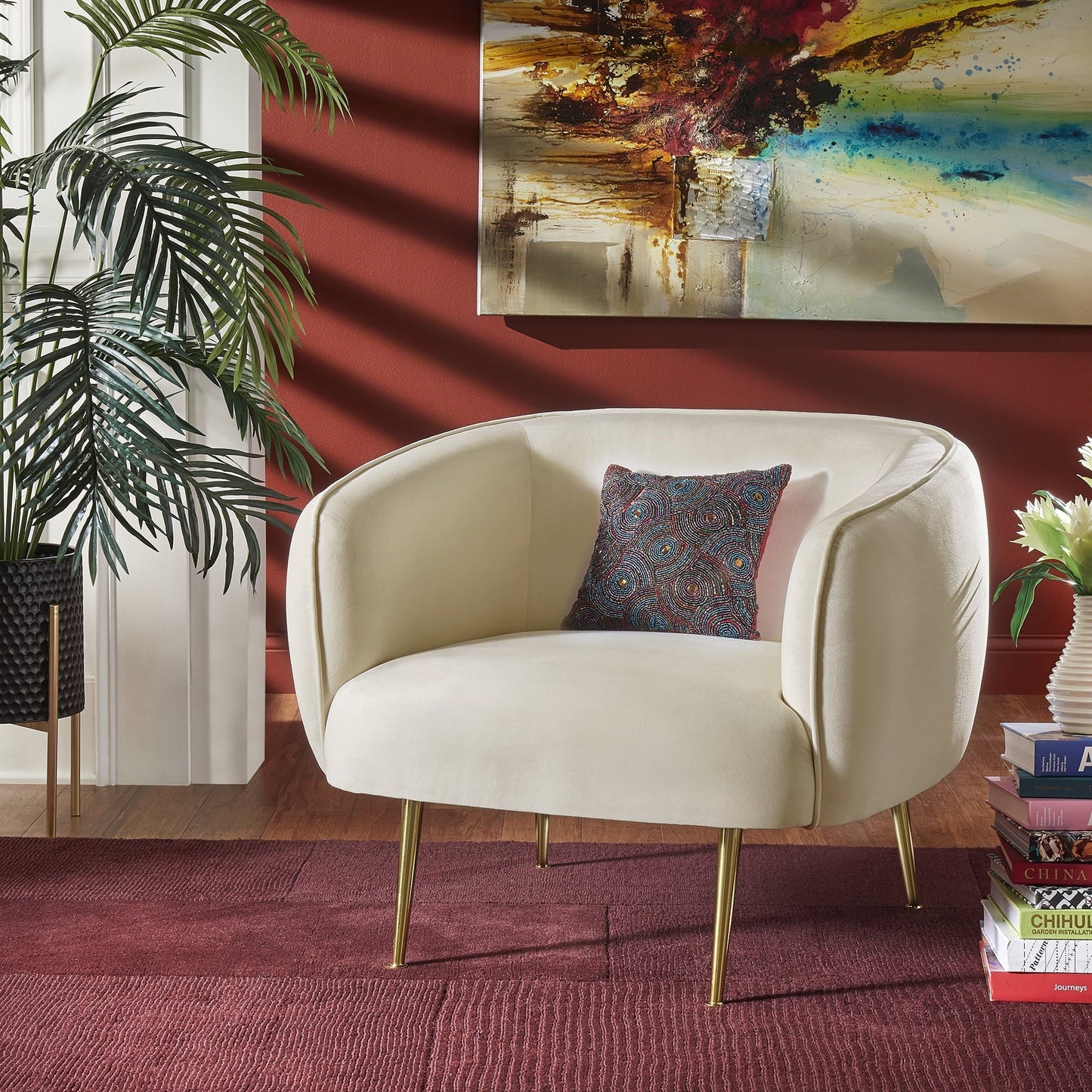 Ember Interiors Cuno Brass Finish Velvet Upholstered Accent Chair, Beige