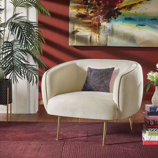 Ember Interiors Cuno Brass Finish Velvet Upholstered Accent Chair, Beige