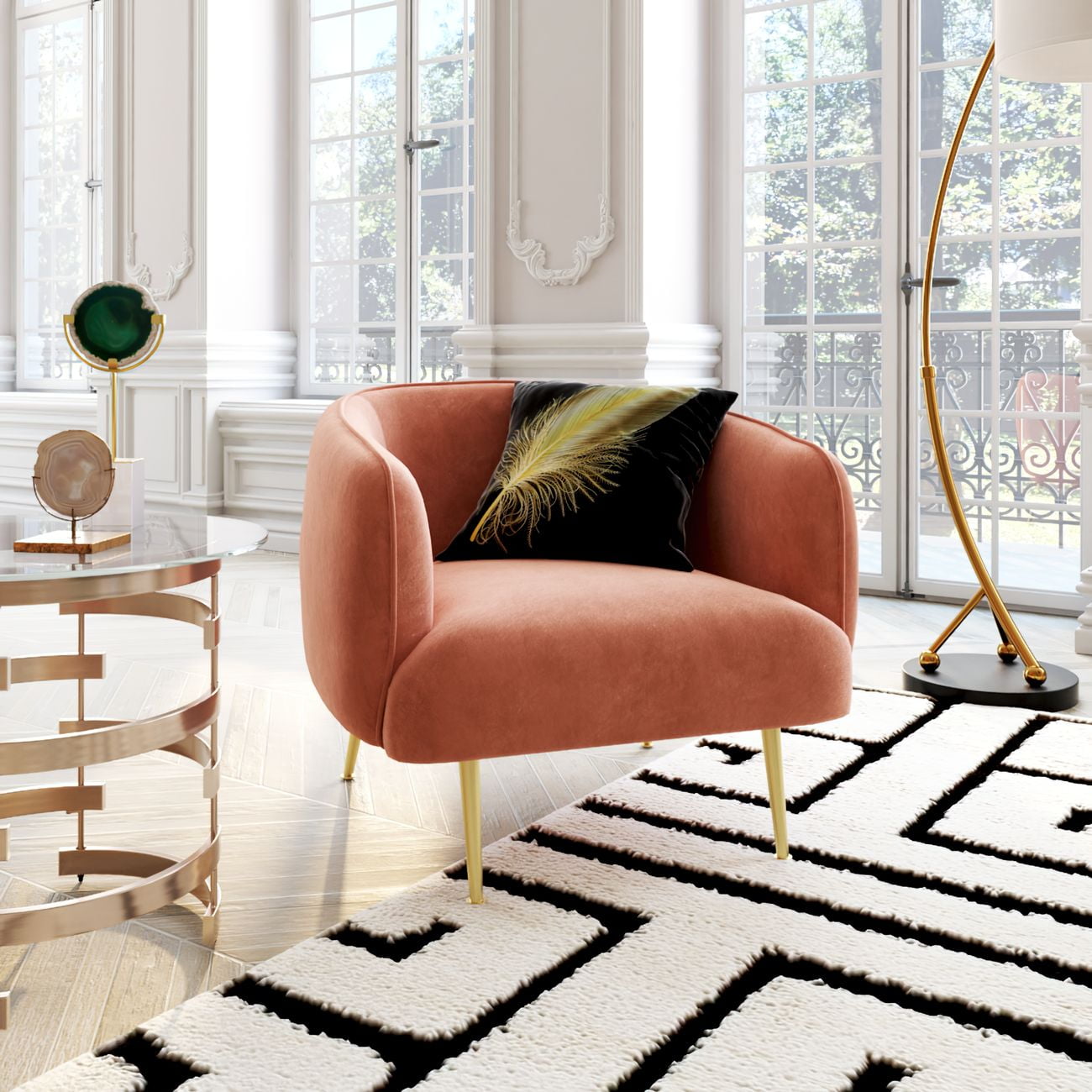 Ember Interiors Cuno Brass Finish Velvet Upholstered Accent Chair, Blush Pink