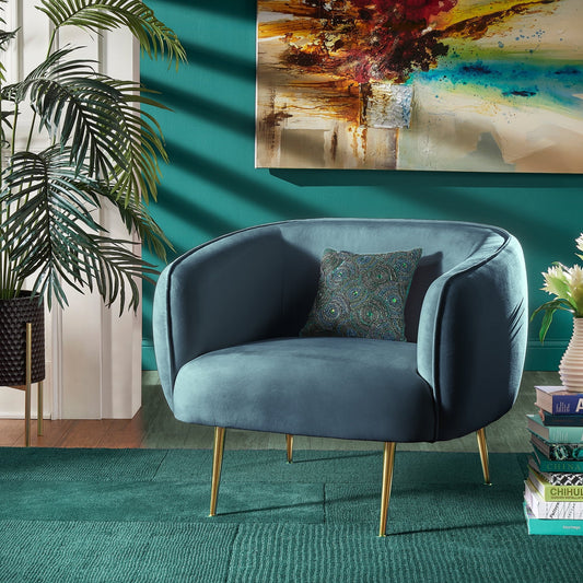Ember Interiors Cuno Brass Finish Velvet Upholstered Accent Chair, Dark Blue