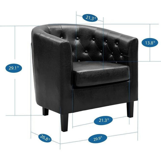 Emma Accent Chair, Button Tufted Faux Leather Barrel Chair, Midcentury Modern Accent Chair, Comfy Armchair, Tub Barrel Chairs Espresso