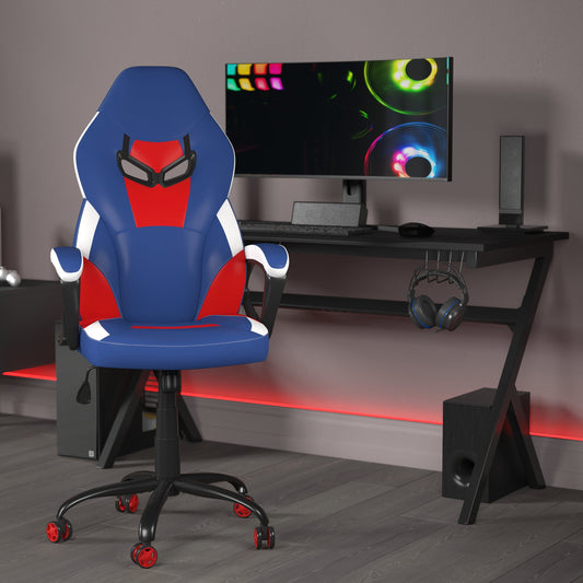 Emma + Oliver Faux Leather Ergonomic High Back Gaming Chair with Adjustable Seat Height, Lumbar Support and Padded Arms in Red, White & Blue
