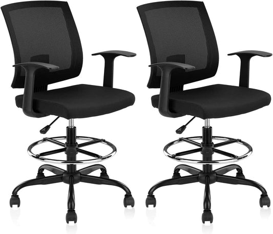 Ergonomic Drafting Chair with Foot Ring, Computer Mesh Chair Standing Desk Chair with Armrests and Lumbar Support, Tall Stool Chair for Office, Black (2 Pack)