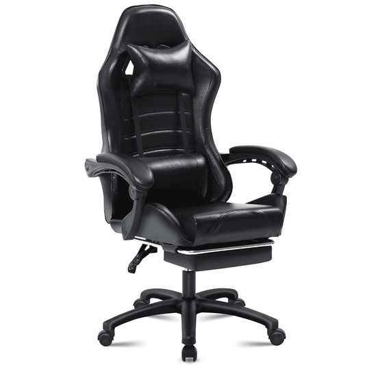 Ergonomic Gaming Chair with Footrest, PU Leather Video Game Chairs for Adults, Comfortable Computer Chair for Heavy People, Reclining Gamer Chair Office Chair with Lumbar Support, Black