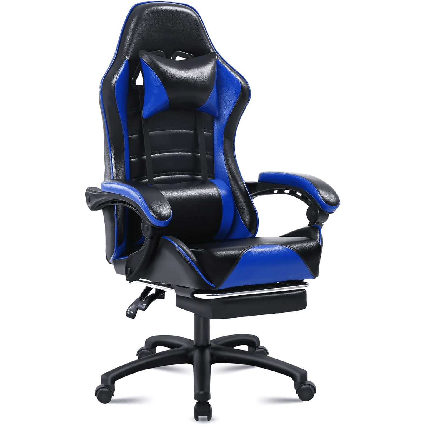 Ergonomic Gaming Chair with Footrest, PU Leather Video Game Chairs for Adults, Comfortable Computer Chair for Heavy People, Reclining Gamer Chair Office Chair with Lumbar Support, Blue