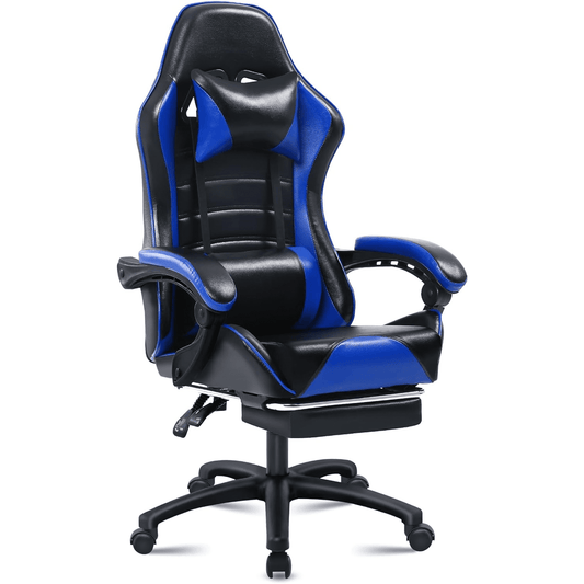 Ergonomic Gaming Chair with Footrest, PU Leather Video Game Chairs for Adults, Comfortable Computer Chair for Heavy People, Reclining Gamer Chair Office Chair with Lumbar Support, Blue
