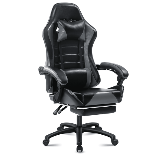 Ergonomic Gaming Chair with Footrest, PU Leather Video Game Chairs for Adults, Comfortable Computer Chair for Heavy People, Reclining Gamer Chair Office Chair with Lumbar Support, Gray