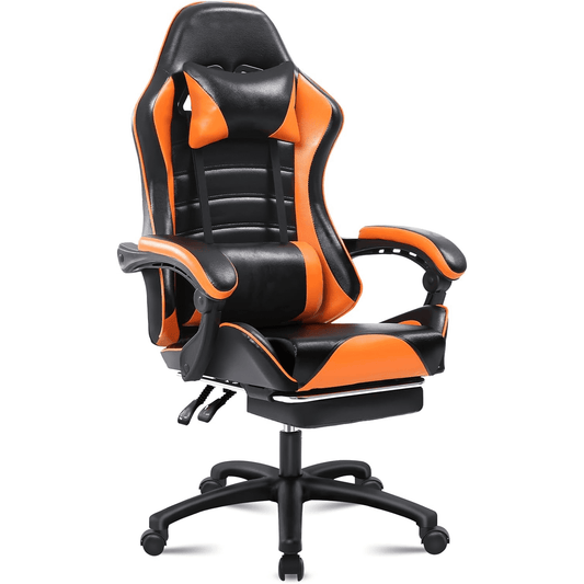 Ergonomic Gaming Chair with Footrest, PU Leather Video Game Chairs for Adults, Comfortable Computer Chair for Heavy People, Reclining Gamer Chair Office Chair with Lumbar Support, Orange