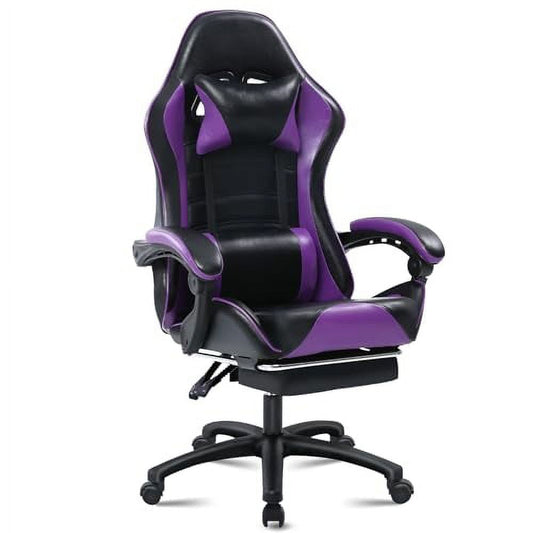 Ergonomic Gaming Chair with Footrest, PU Leather Video Game Chairs for Adults, Comfortable Computer Chair for Heavy People, Reclining Gamer Chair Office Chair with Lumbar Support, Purple