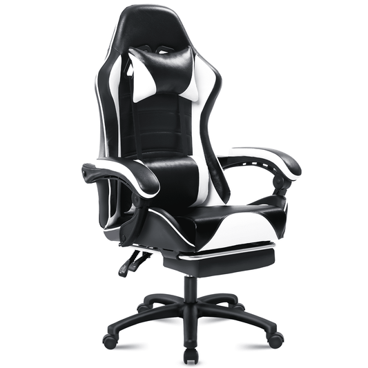 Ergonomic Gaming Chair with Footrest, PU Leather Video Game Chairs for Adults, Comfortable Computer Chair for Heavy People, Reclining Gamer Chair Office Chair with Lumbar Support, White