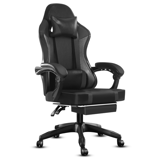 Ergonomic Gaming Chair with Footrest, PU Leather Video Game Chairs for Adults, Reclining Gamer Chair Office Chair with Lumbar Support, Comfortable Computer Chair for Heavy People, Black