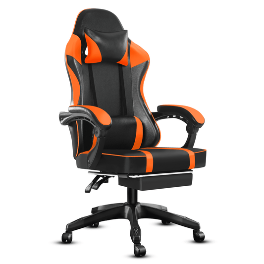 Ergonomic Gaming Chair with Footrest, PU Leather Video Game Chairs for Adults, Reclining Gamer Chair Office Chair with Lumbar Support, Comfortable Computer Chair for Heavy People, Orange
