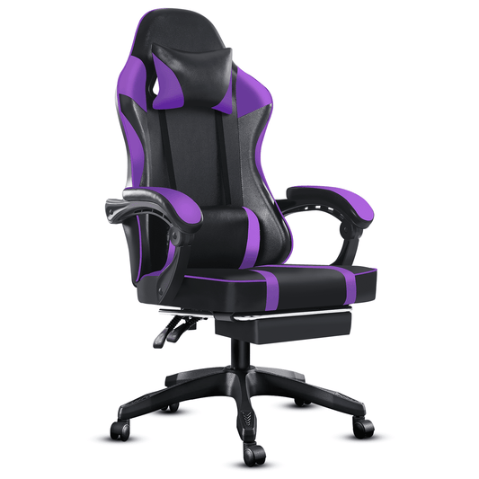 Ergonomic Gaming Chair with Footrest, PU Leather Video Game Chairs for Adults, Reclining Gamer Chair Office Chair with Lumbar Support, Comfortable Computer Chair for Heavy People, Purple