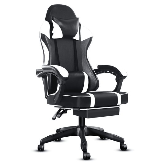Ergonomic Gaming Chair with Footrest, PU Leather Video Game Chairs for Adults, Reclining Gamer Chair Office Chair with Lumbar Support, Comfortable Computer Chair for Heavy People, White