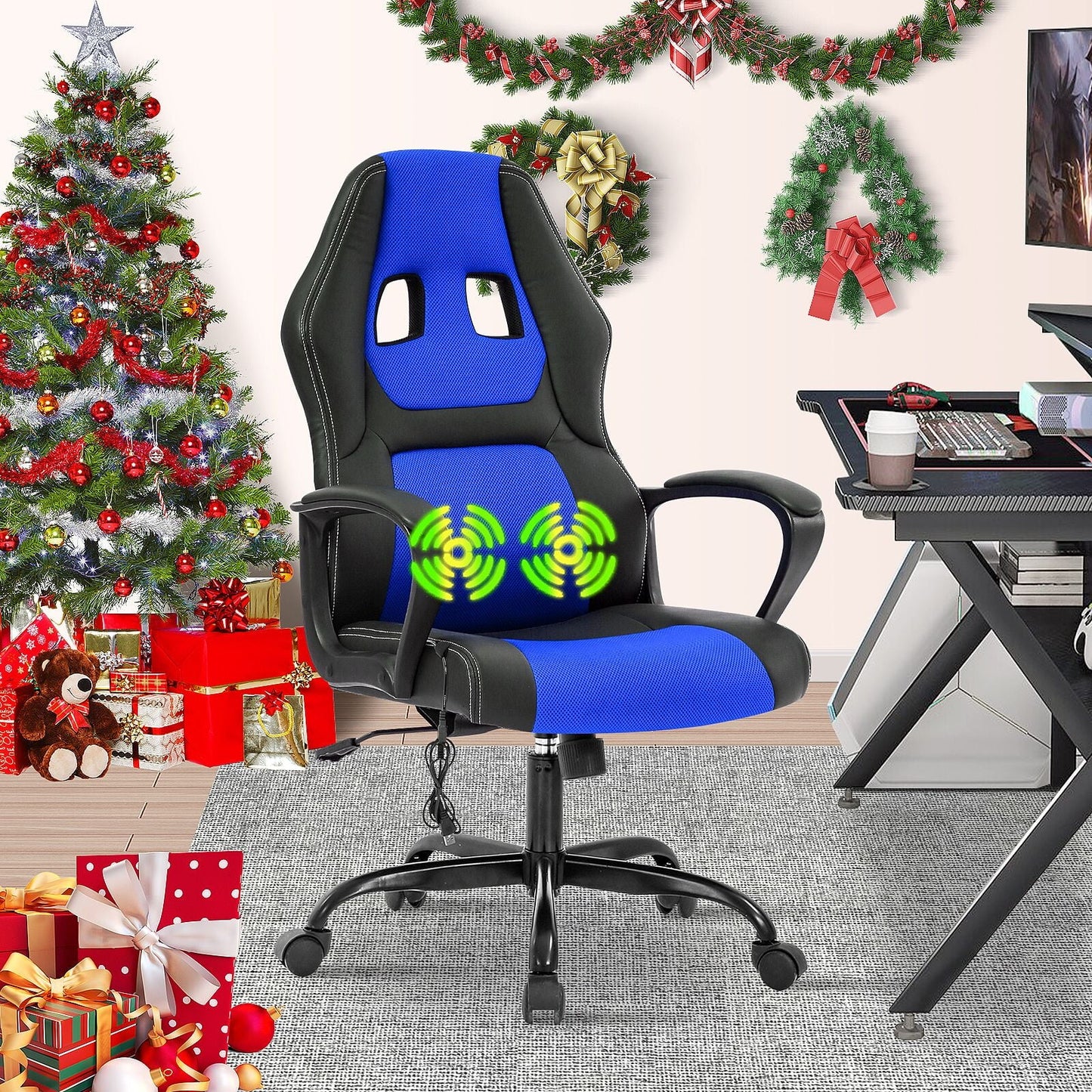 Ergonomic Gaming Chair Massage Computer Desk Chair PU Leather Office Chair Rolling Swivel Racing Chair with 360¡ã Rolling Wheels & Lumbar Support for Teens, Blue