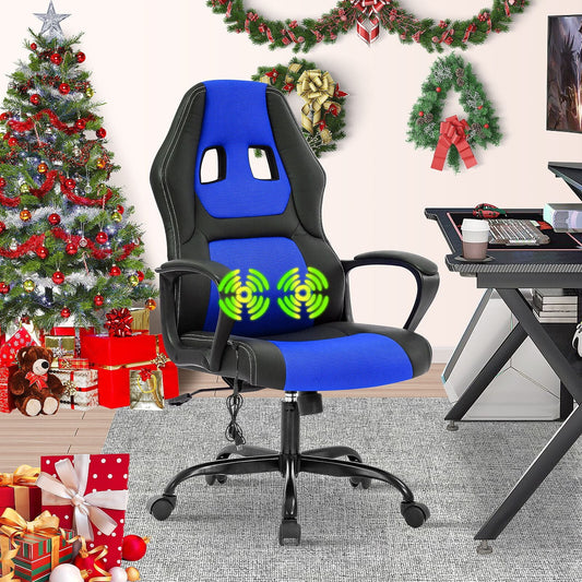 Ergonomic Gaming Chair Massage Computer Desk Chair PU Leather Office Chair Rolling Swivel Racing Chair with 360¡ã Rolling Wheels & Lumbar Support for Teens, Blue