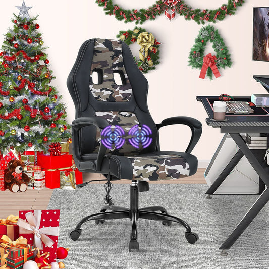 Ergonomic Gaming Chair Massage Computer Desk Chair PU Leather Office Chair Rolling Swivel Racing Chair with 360¡ã Rolling Wheels & Lumbar Support for Teens, Camo