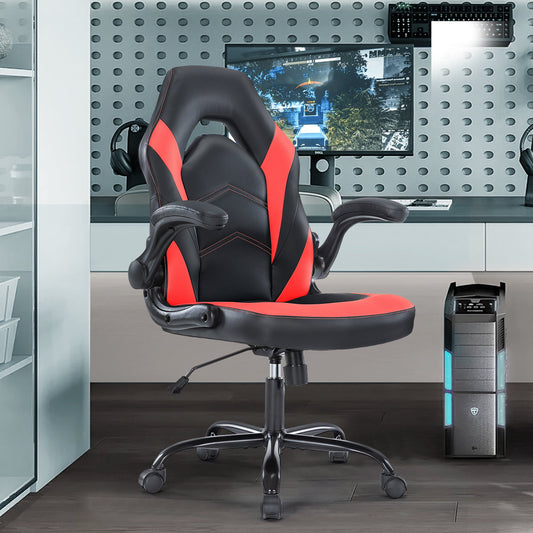 Ergonomic Gaming Office Chair, PU Leather Executive Swivel Computer Desk Chair with Flip-up Armrests and Lumbar Support for Working, Studying, Gaming, Black and Red