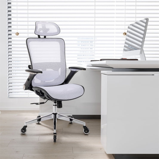 Ergonomic Mesh Office Chair with Lumbar Support&Blade Wheels, High Back Desk Chair with Adjustable Headrest with Flip-Up Arms, Computer Chair for Home & Office, White