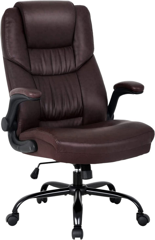 Ergonomic Office Chair PU Leather Desk Chair High Back Computer Chair with Lumbar Support Flip up Armrest Rolling Swivel Adjustable Task Chair for Adults(Brown)