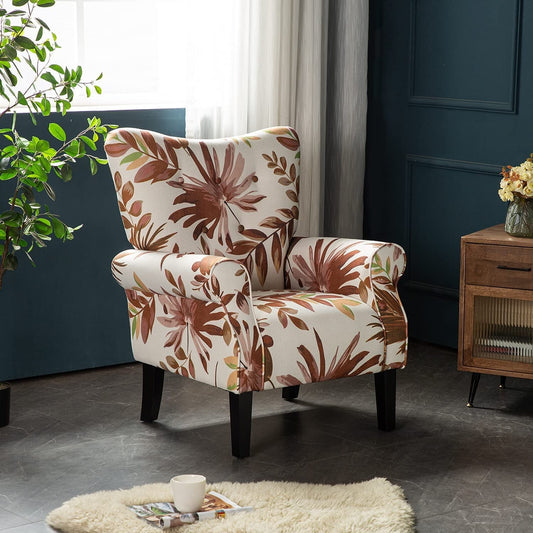 Erommy Mid Century High Back Accent Chair, Modern Upholstered Fabric Wingback Arm Chair for Living Room, Bedroom, Red Leaves White
