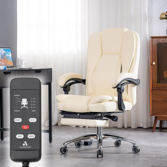 Erommy Office Computer Massage Chair, Ergonomic High Back Executive Swivel Chair with Footrest and Lumbar Support, White