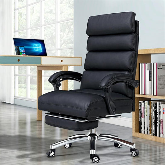 Exectuive Armrest Office Chair, Adjustable Leather Gaming Chair with Four-Section Layered Backrest and Retractable Footrest, Managerial Home High Back Desk Chair, Black