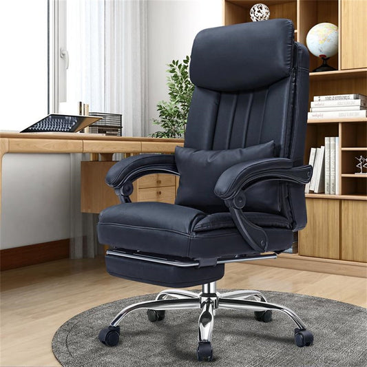 Exectuive Armrest Office Chair, Adjustable Leather Gaming Chair with Removable lumbar Back Support Cushion and Retractable Footrest, Managerial Home High Back Desk Chair, Black
