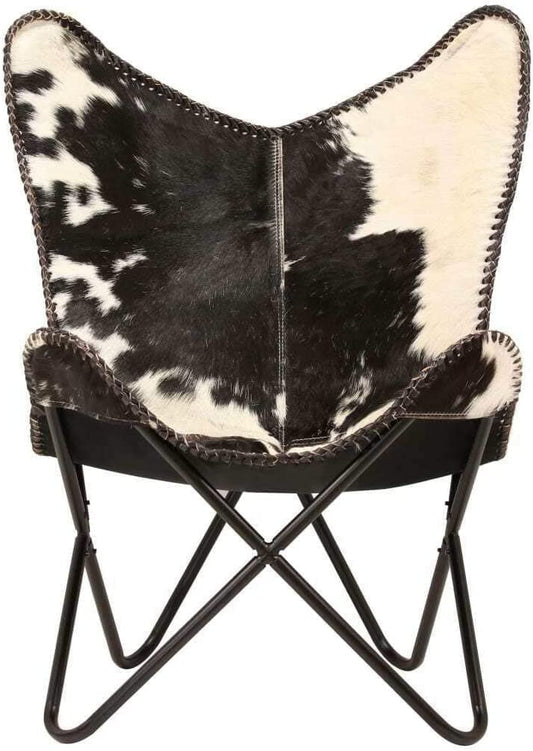 Expansive and Elegant White & Black Hair-on Leather Butterfly Chair with Black Stand - Luxury Seating for Your Stylish Space