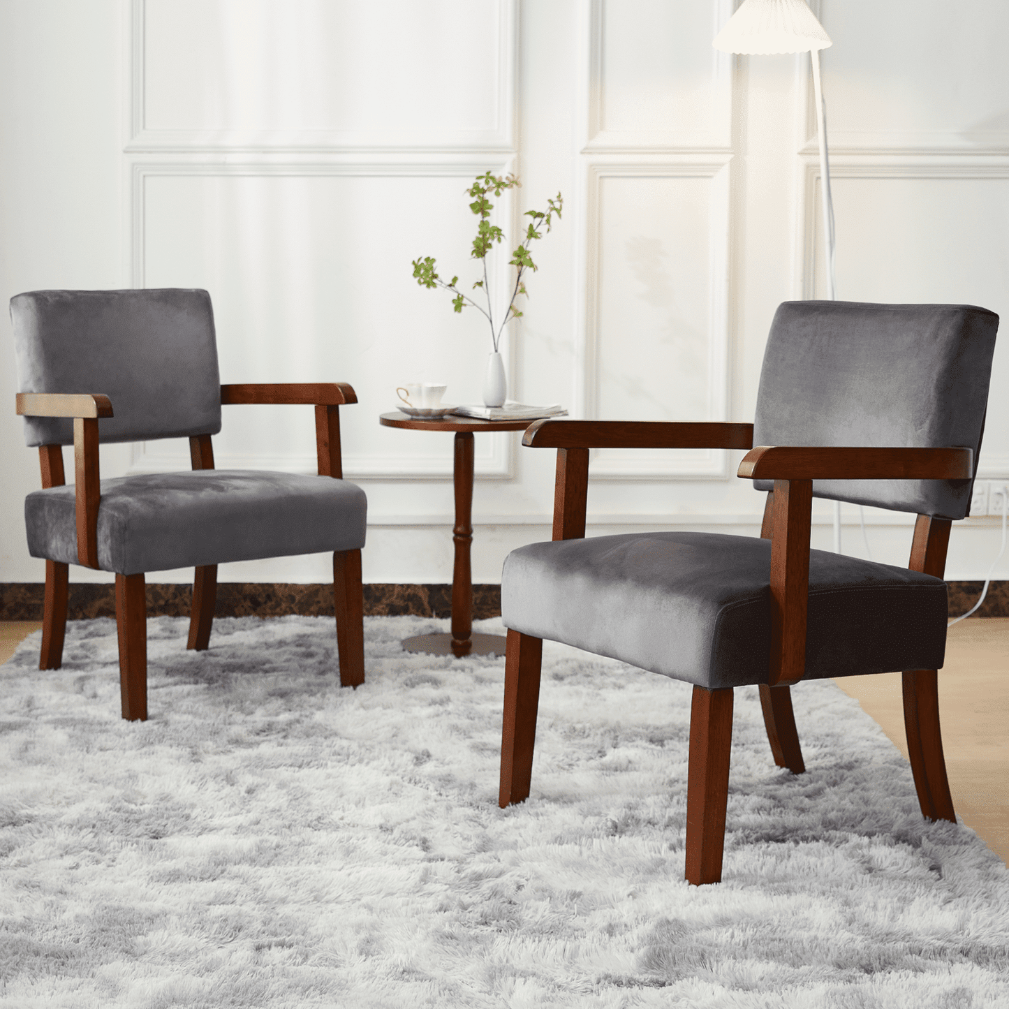 FAGAGA Accent Chair Set of 2 with Table, Mid-Century Modern Chairs with Soft Seat and Wide Armrests for Living Room Bedroom Reading Room Waiting Room, Velvet Gray