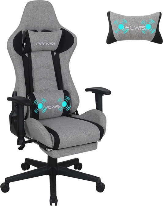FULLWATT Gaming Chair Fabric with Footrest, Computer Gamer Chair with Massage Lumbar Support, Ergonomic Reclining Video Game Office Chair for Adults with Headrest, Black and Grey