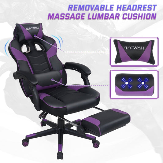 FULLWATT Gaming Chair Massage Office Chair Computer Executive Swivel Desk Seat Recliner Purple