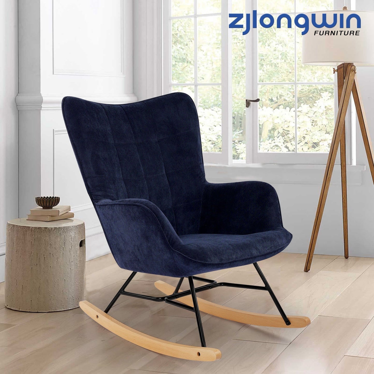 Fabric Upholstered Nursery Rocking Accent Chairs with High Backrest, Glider Rocker, Blue